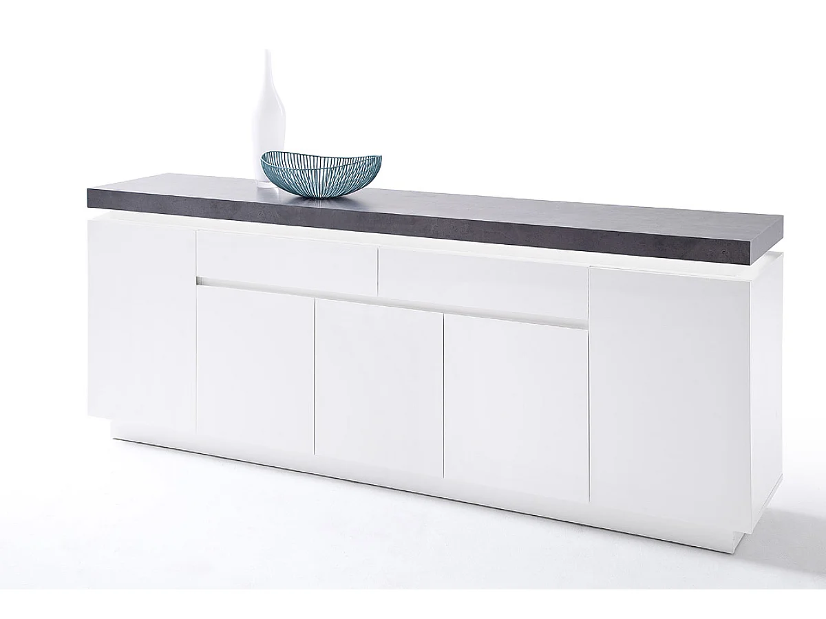 Buffet, meuble de rangement en bois coloris blanc, gris béton - Longueur 200 x Hauteur 80 x Profondeur 40 cm