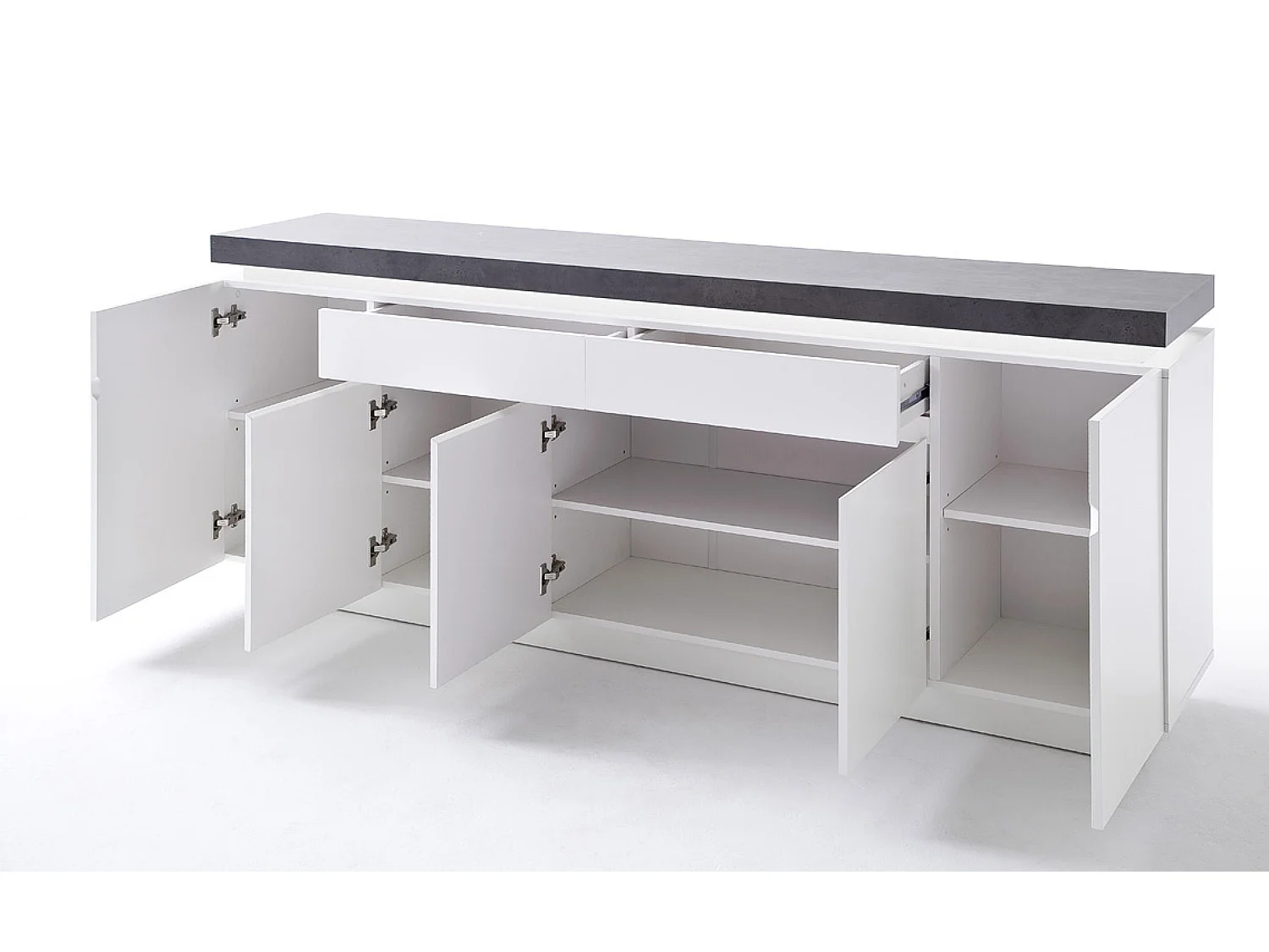 Buffet, meuble de rangement en bois coloris blanc, gris béton - Longueur 200 x Hauteur 80 x Profondeur 40 cm