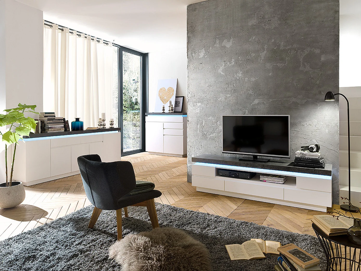 Buffet, meuble de rangement en bois coloris blanc, gris béton - Longueur 200 x Hauteur 80 x Profondeur 40 cm