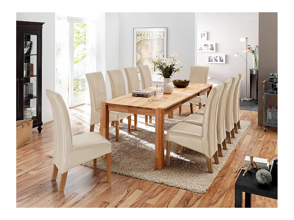 Table de salle à manger rectangulaire extensible en bois hêtre massif huilé coloris naturel - longueur 160-250 x hauteur 77 x profondeur 90 cm