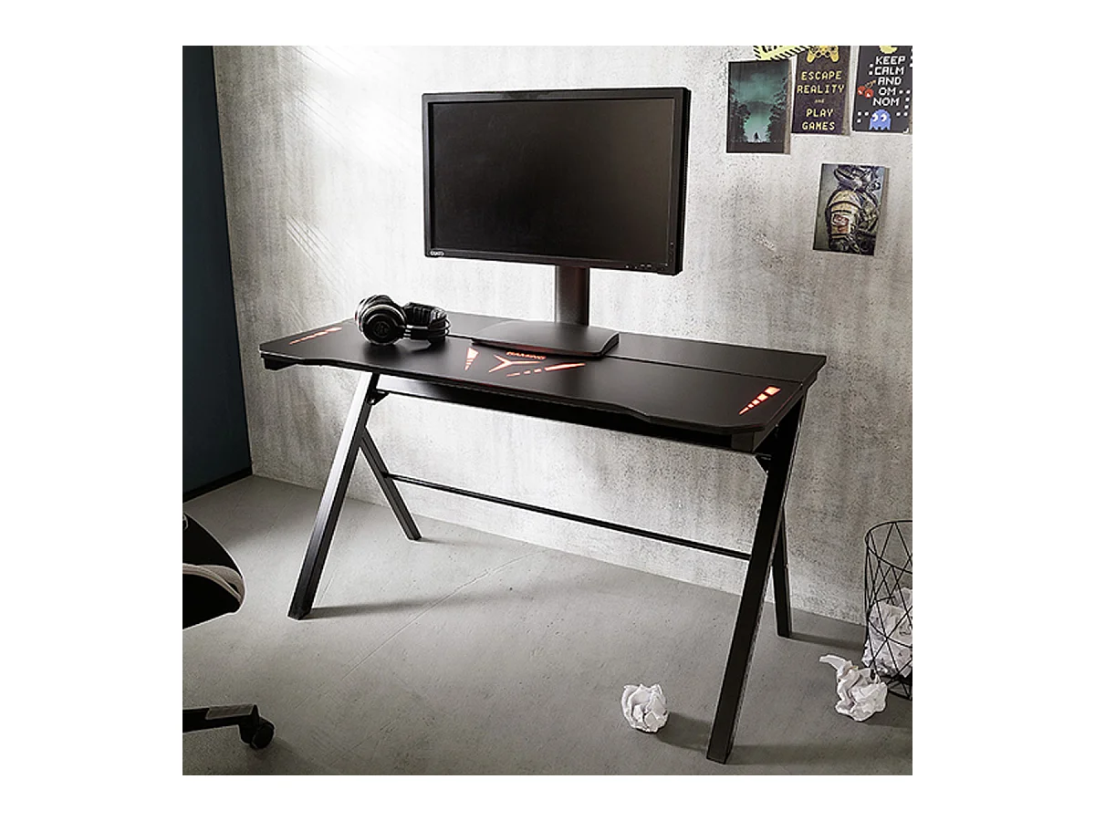 Bureau d'ordinateur / table de jeu en métal coloris noir + LED - Longueur 120 x Hauteur 73 x Profondeur 60 cm
