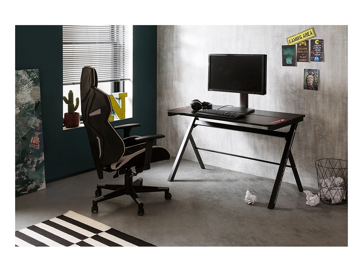 Bureau d'ordinateur / table de jeu en métal coloris noir + LED - Longueur 120 x Hauteur 73 x Profondeur 60 cm