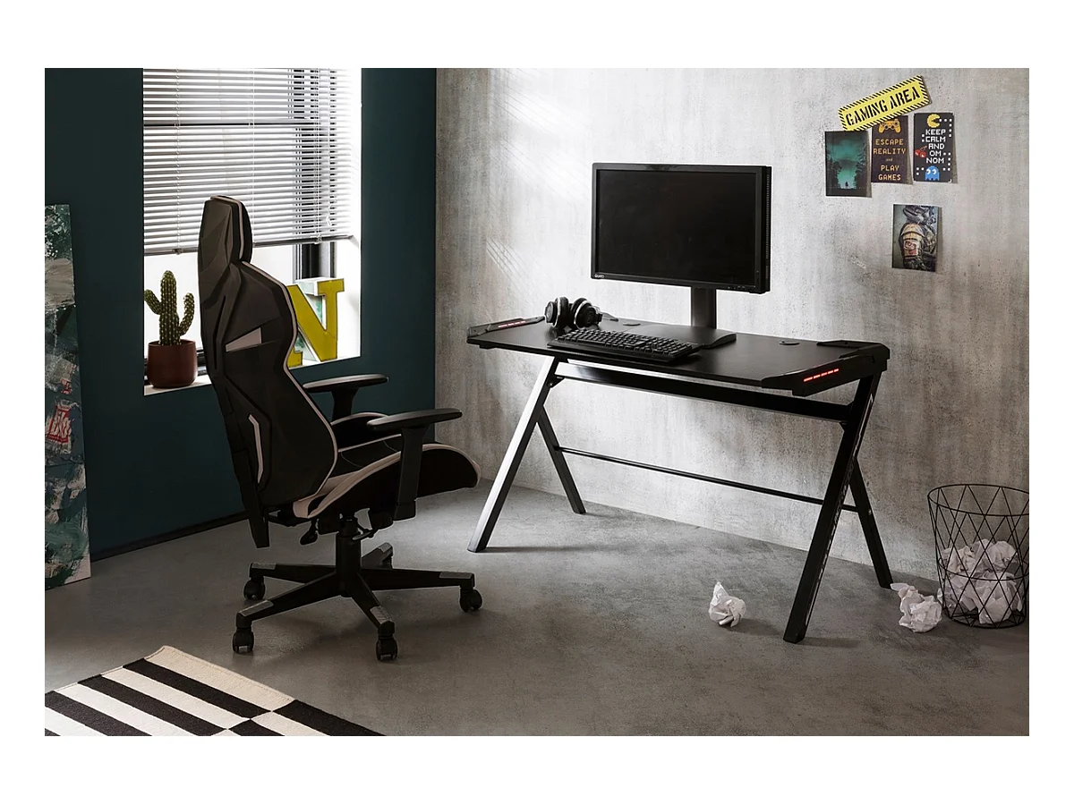 Bureau d'ordinateur avec LED et couvercle coloris noir - Longueur 120 x Hauteur 73 x Profondeur 60 cm