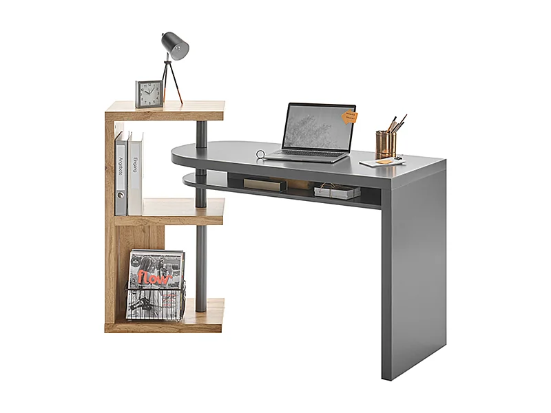 Bureau d'ordinateur pivotant coloris gris et chêne - Longueur 145 x Hauteur 94 x Profondeur 50 cm