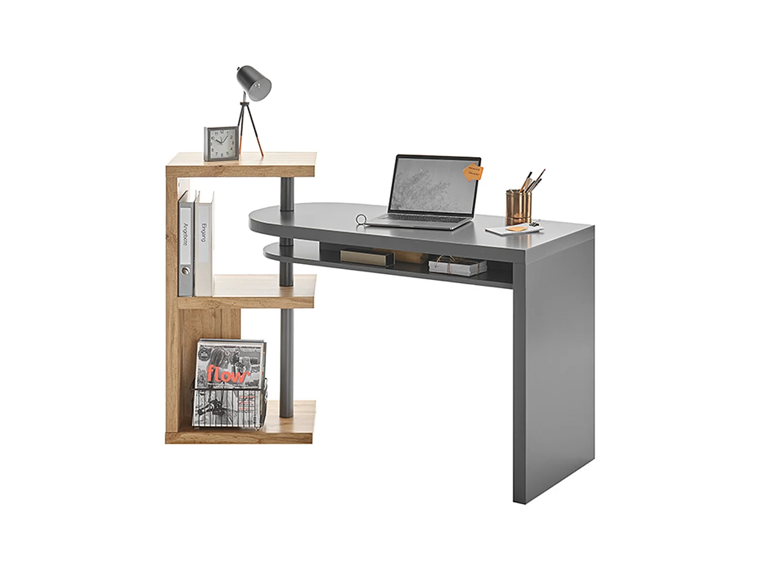 Bureau d'ordinateur pivotant coloris gris et chêne - Longueur 145 x Hauteur 94 x Profondeur 50 cm