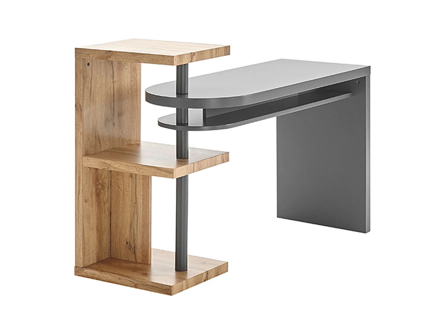 Bureau d'ordinateur pivotant coloris gris et chêne - Longueur 145 x Hauteur 94 x Profondeur 50 cm