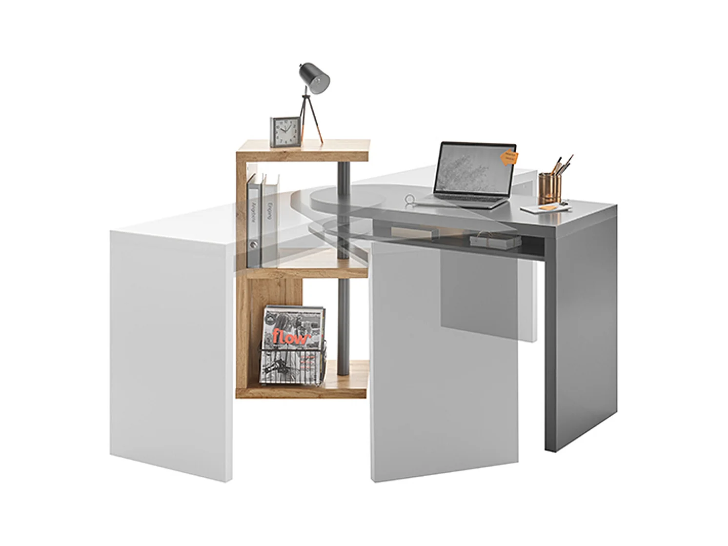 Bureau d'ordinateur pivotant coloris gris et chêne - Longueur 145 x Hauteur 94 x Profondeur 50 cm