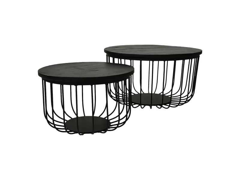 Maden - Set de 2 tables basses - Bois de manguier/fer - Noir - ø60x33/ø45x30cm