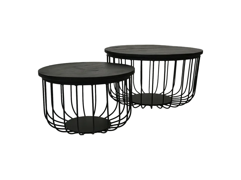 Maden - Set de 2 tables basses - Bois de manguier/fer - Noir - ø60x33/ø45x30cm