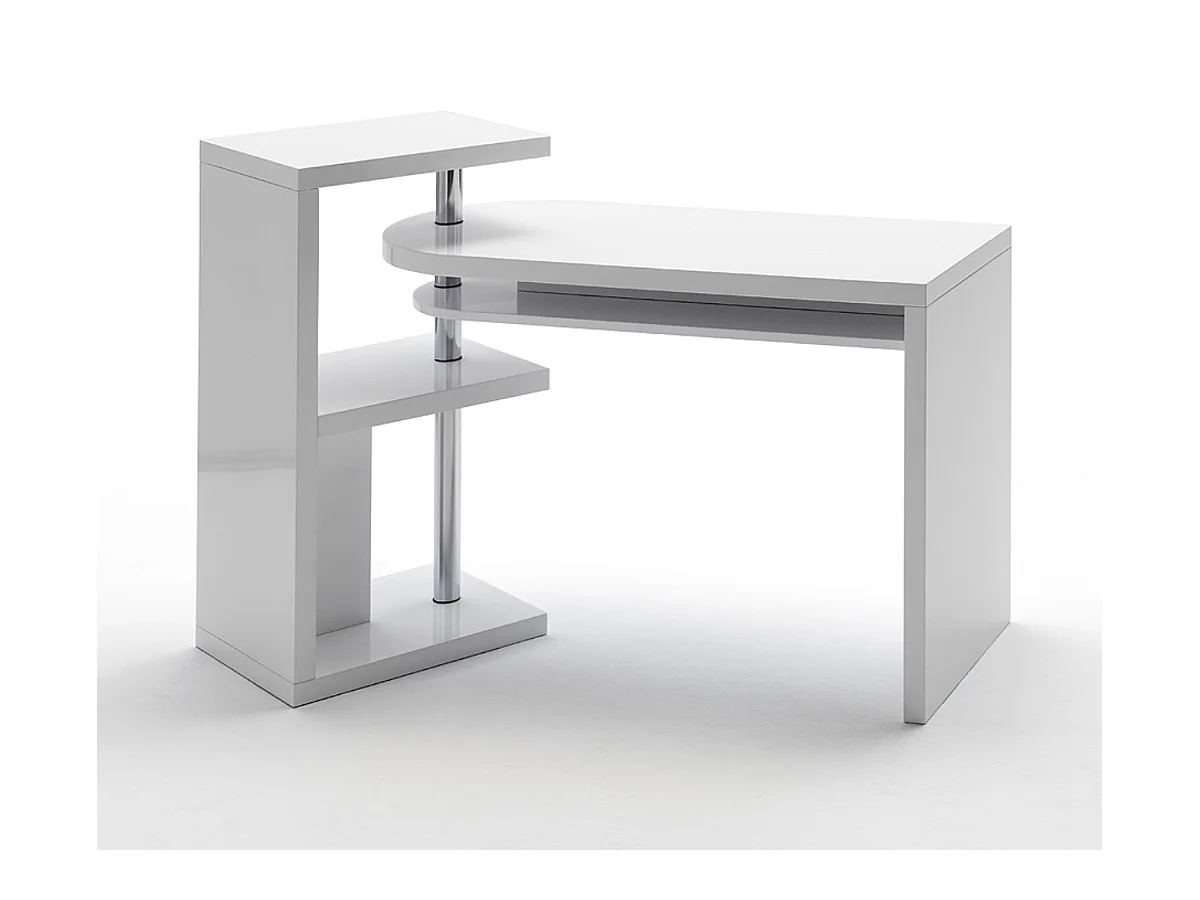 Table de bureau coloris blanc brillant, pieds en métal chromé - Longueur 145 x Hauteur 94 x Profondeur 50 cm