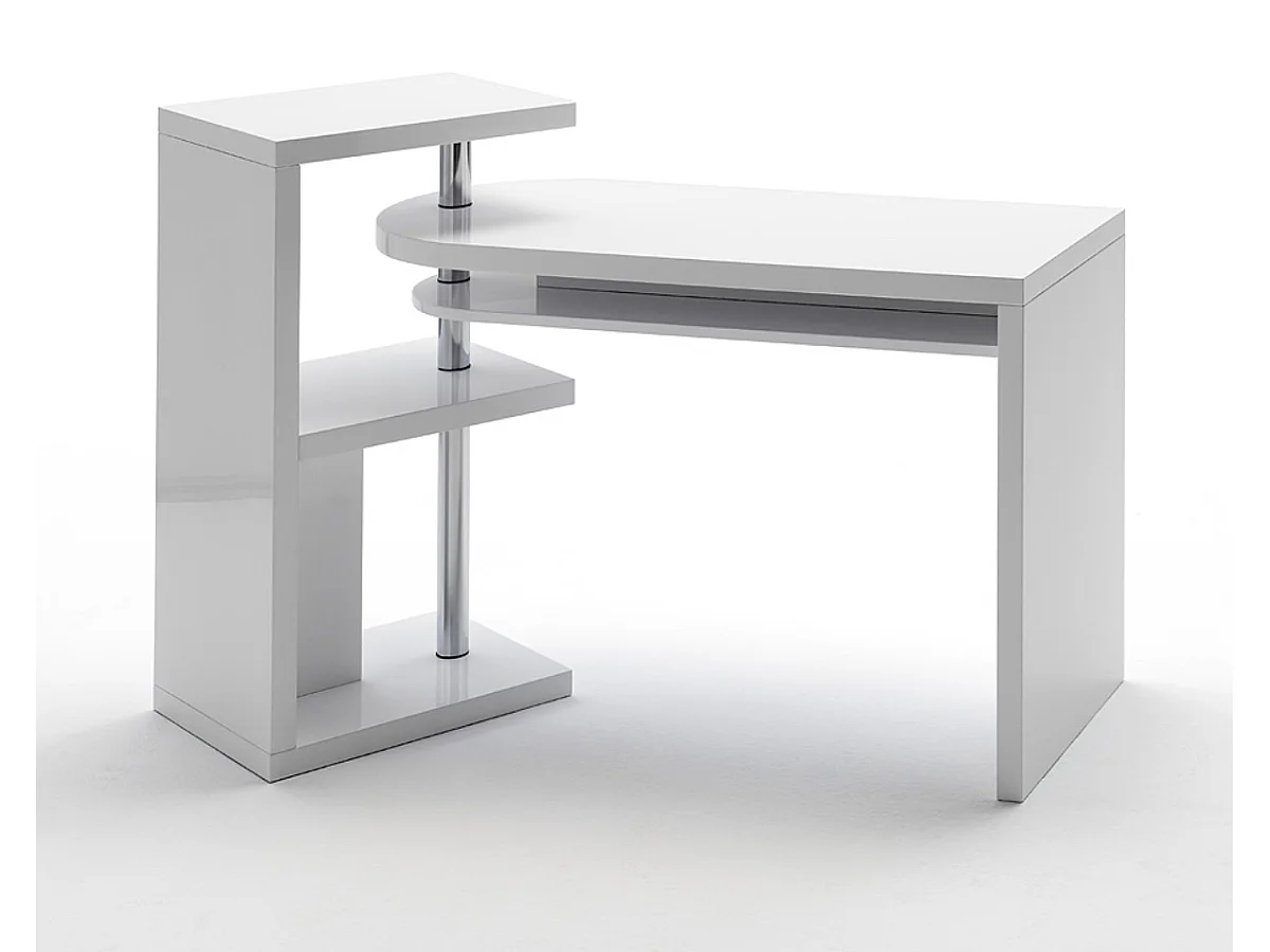 Table de bureau coloris blanc brillant, pieds en métal chromé - Longueur 145 x Hauteur 94 x Profondeur 50 cm