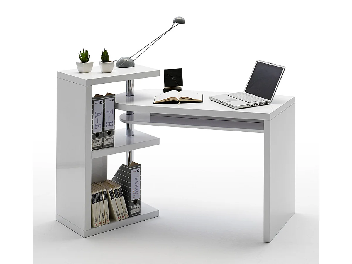 Table de bureau coloris blanc brillant, pieds en métal chromé - Longueur 145 x Hauteur 94 x Profondeur 50 cm
