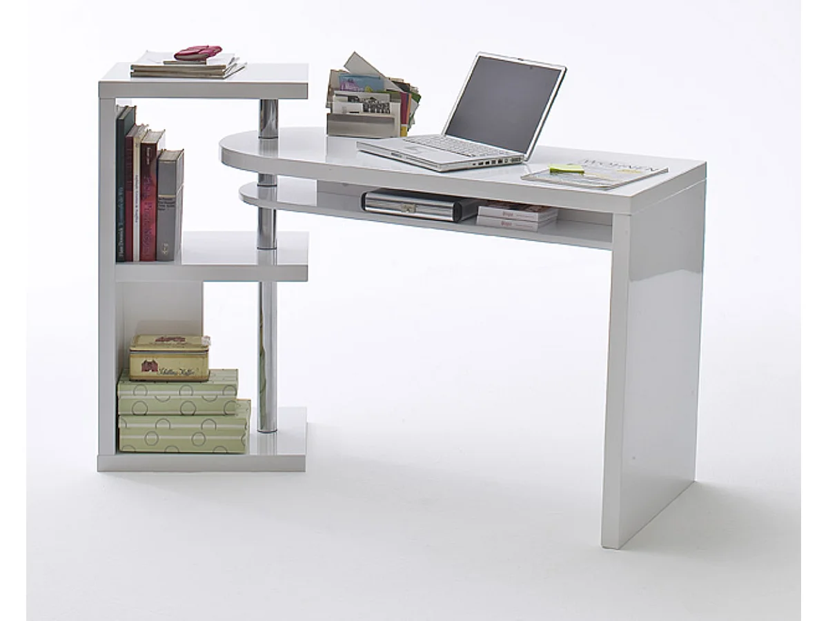 Table de bureau coloris blanc brillant, pieds en métal chromé - Longueur 145 x Hauteur 94 x Profondeur 50 cm