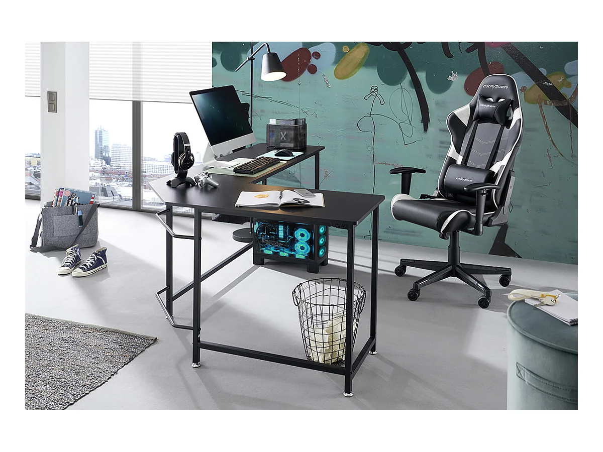 Bureau d'angle, table de bureau coloris noir - Longueur 168 x Hauteur 76 x Profondeur 129 cm
