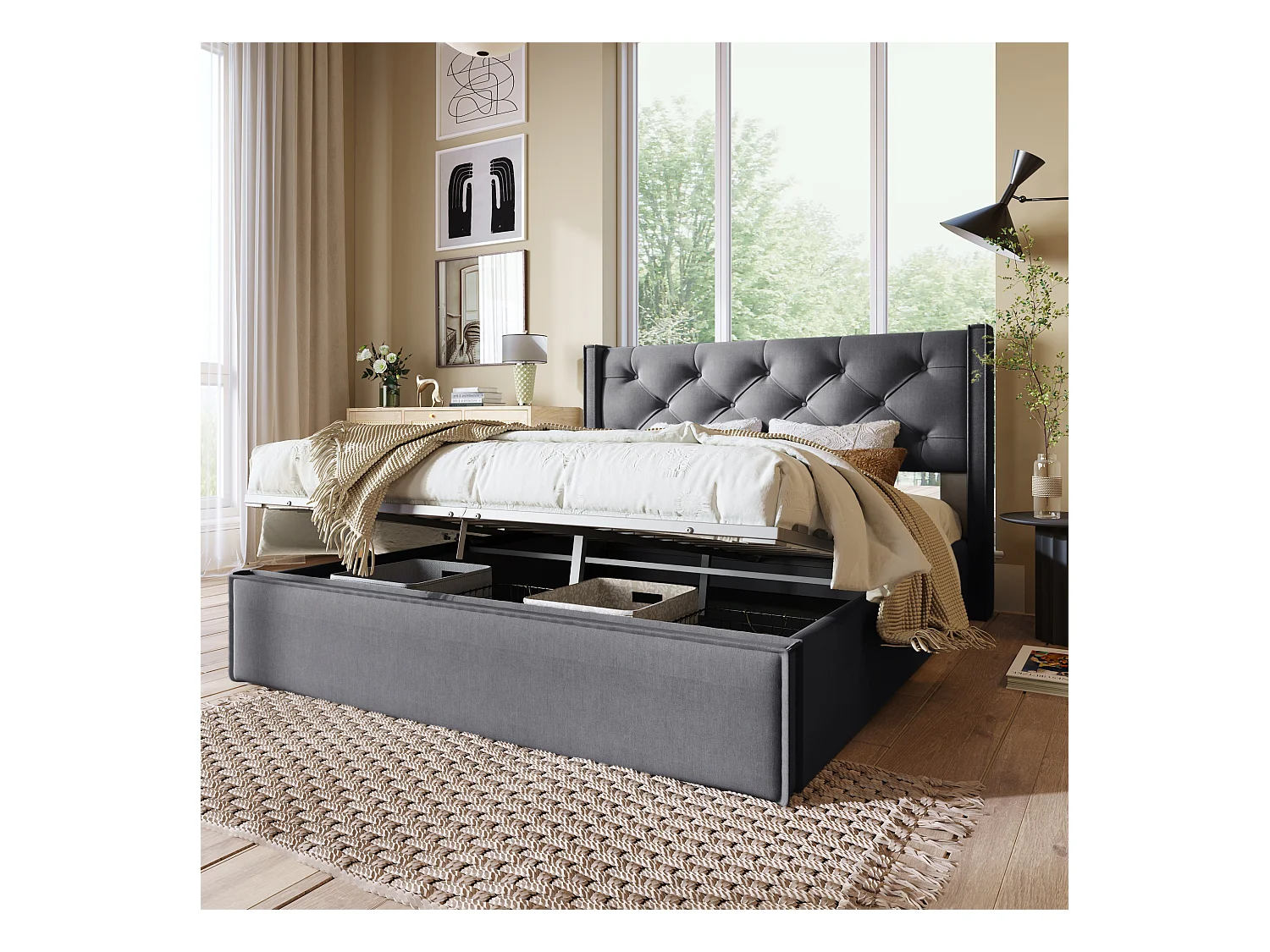 Letto contenitore 140x200 cm - Letto per adulti con rete a doghe in metallo - grigio - cotone - senza materasso