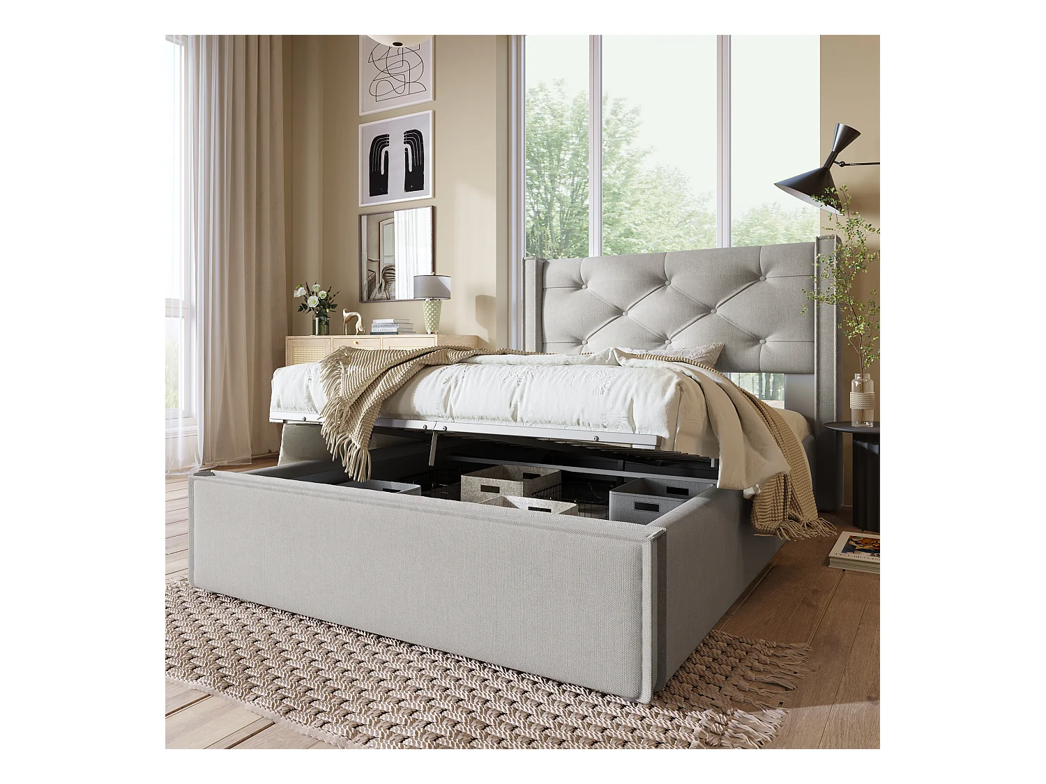 Lit coffre 90x200 cm - Lit simple avec sommier à lattes métalliques - gris clair - coton - sans matelas