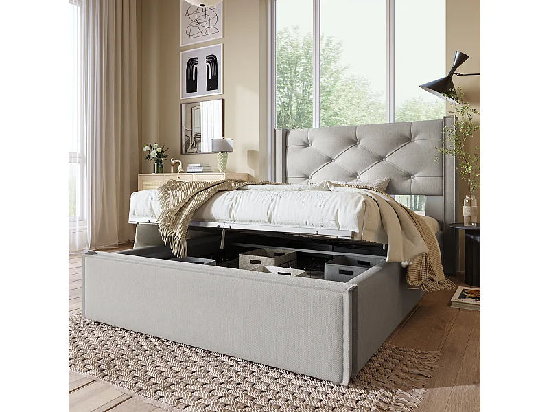 Lit coffre 90x200 cm - Lit simple avec sommier à lattes métalliques - gris clair - coton - sans matelas
