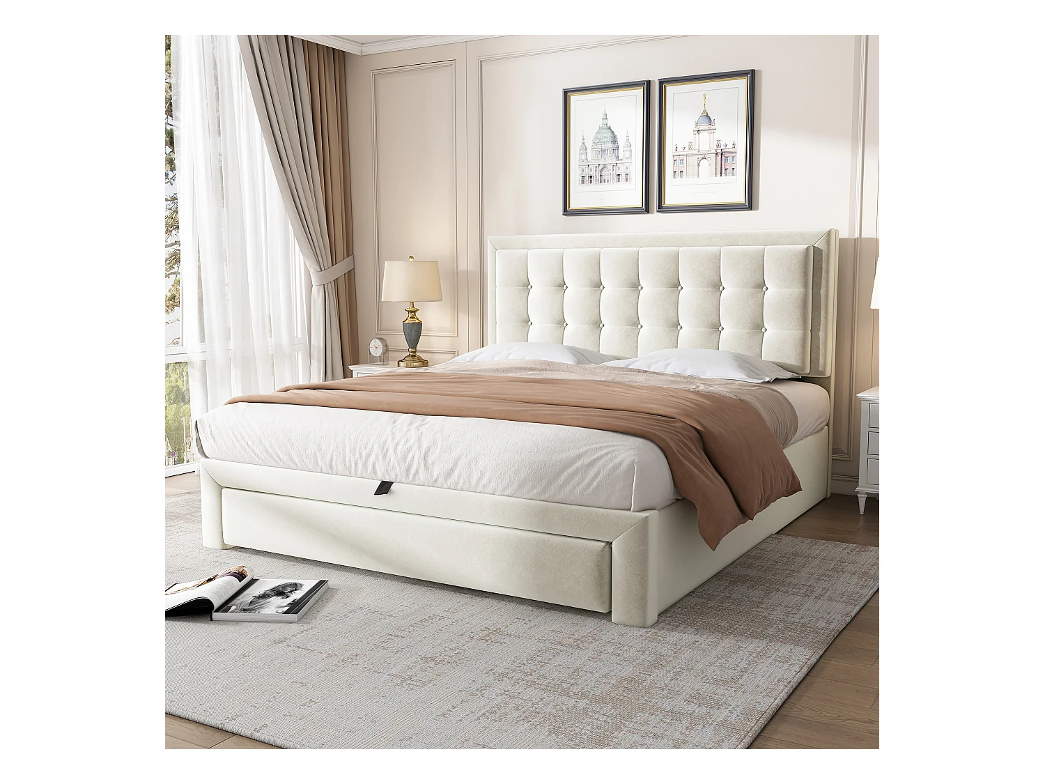 Cama com gavetas de 140x200 cm - Cama de adulto com 2 gavetas - cabeceira ajustável - veludo bege - sem colchão