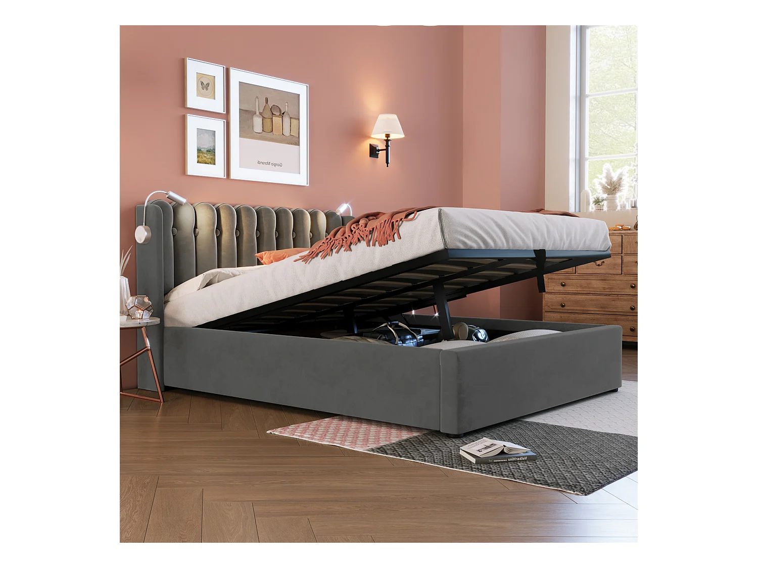 Lit coffre 140x200 cm - Lit adulte avec liseuse et fonction charge - velours gris - sans matelas