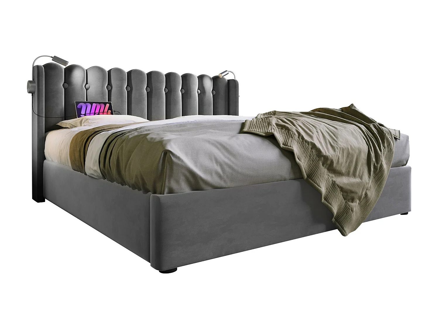 Lit coffre 140x200 cm - Lit adulte avec liseuse et fonction charge - velours gris - sans matelas