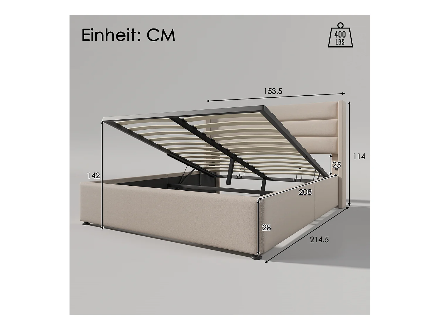 Letto contenitore 140x200 cm - Letto per adulti con testiera e rete a doghe - lino beige - senza materasso