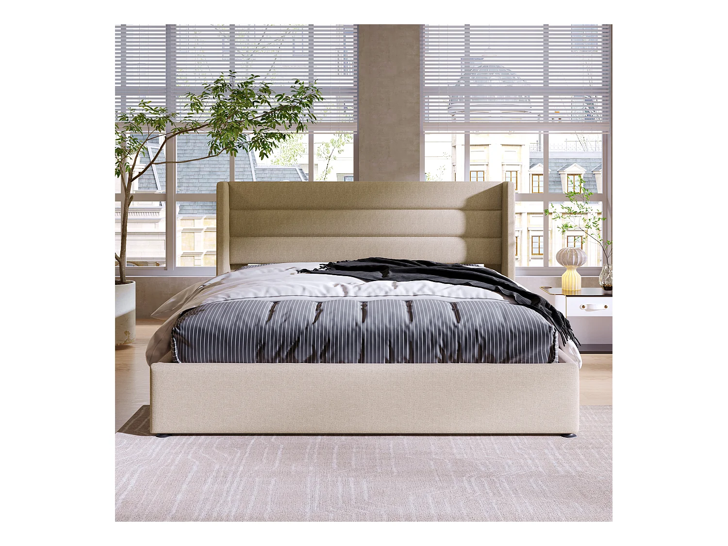 Cama con almacenaje 140x200 cm - Cama para adultos con cabecero y somier - lino beige - sin colchón