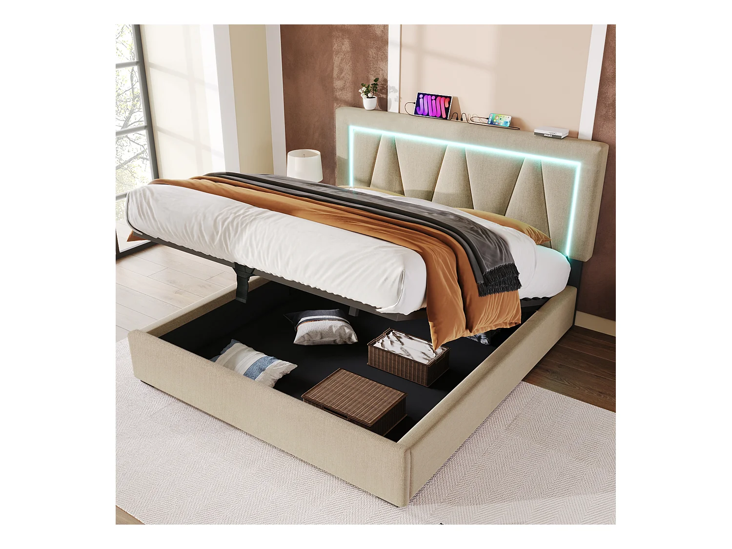 Lit coffre 160x200 cm - Lit adulte avec éclairage LED et recharge USB - lin beige - sans matelas