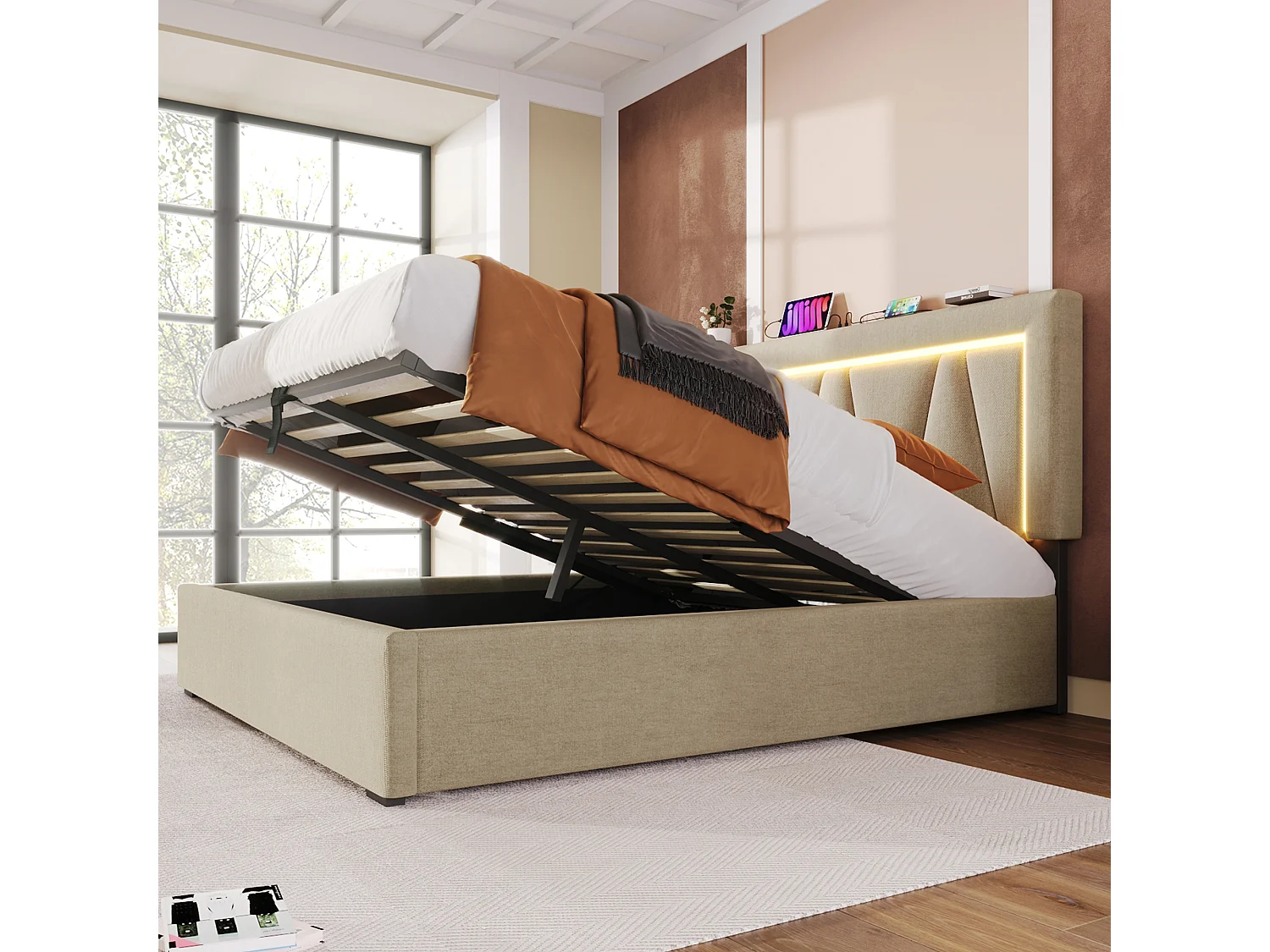 Lit coffre 160x200 cm - Lit adulte avec éclairage LED et recharge USB - lin beige - sans matelas