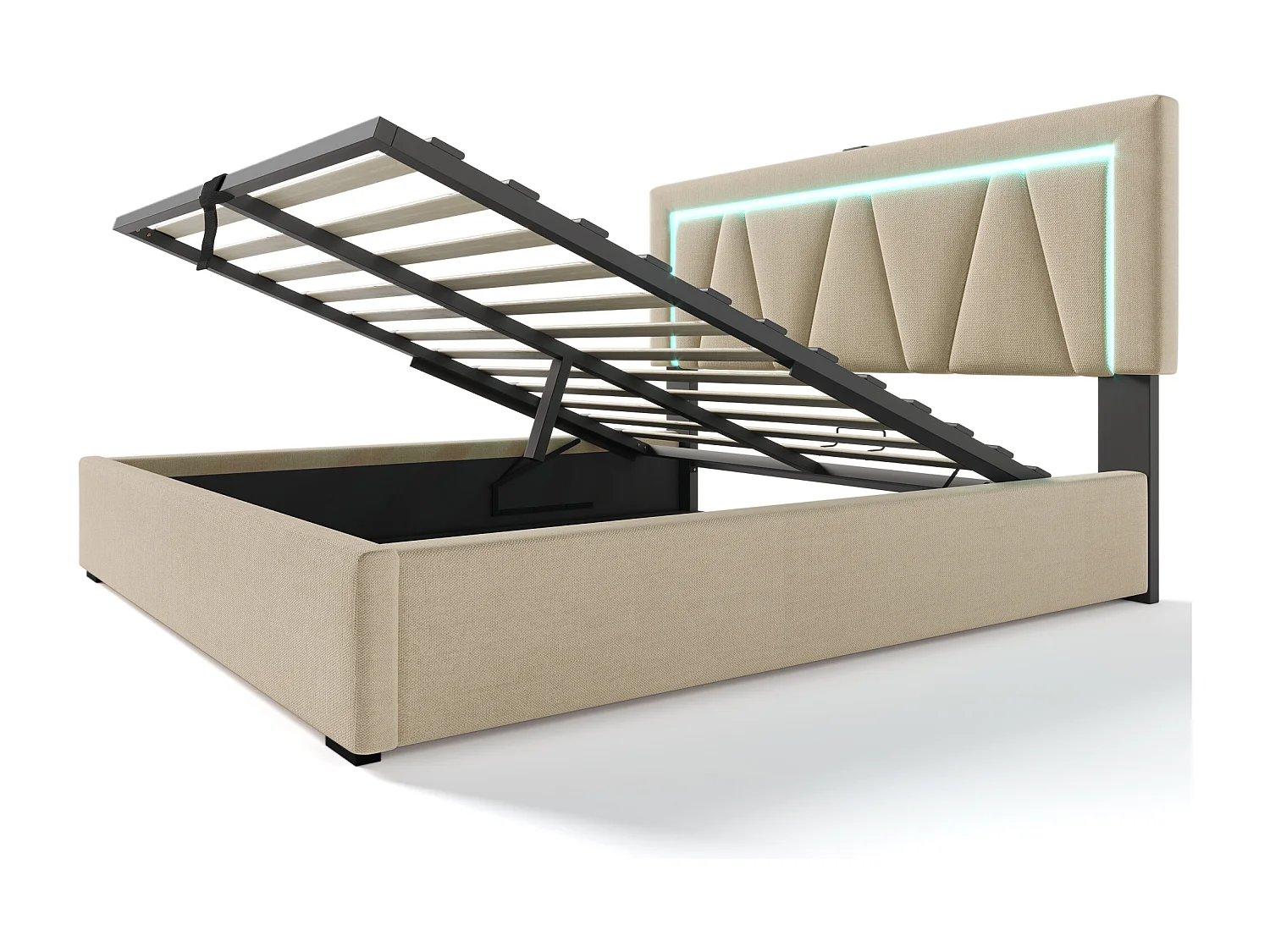 Lit coffre 160x200 cm - Lit adulte avec éclairage LED et recharge USB - lin beige - sans matelas