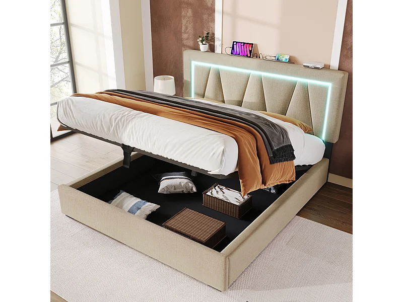 Lit coffre 160x200 cm - Lit adulte avec éclairage LED et recharge USB - lin beige - sans matelas