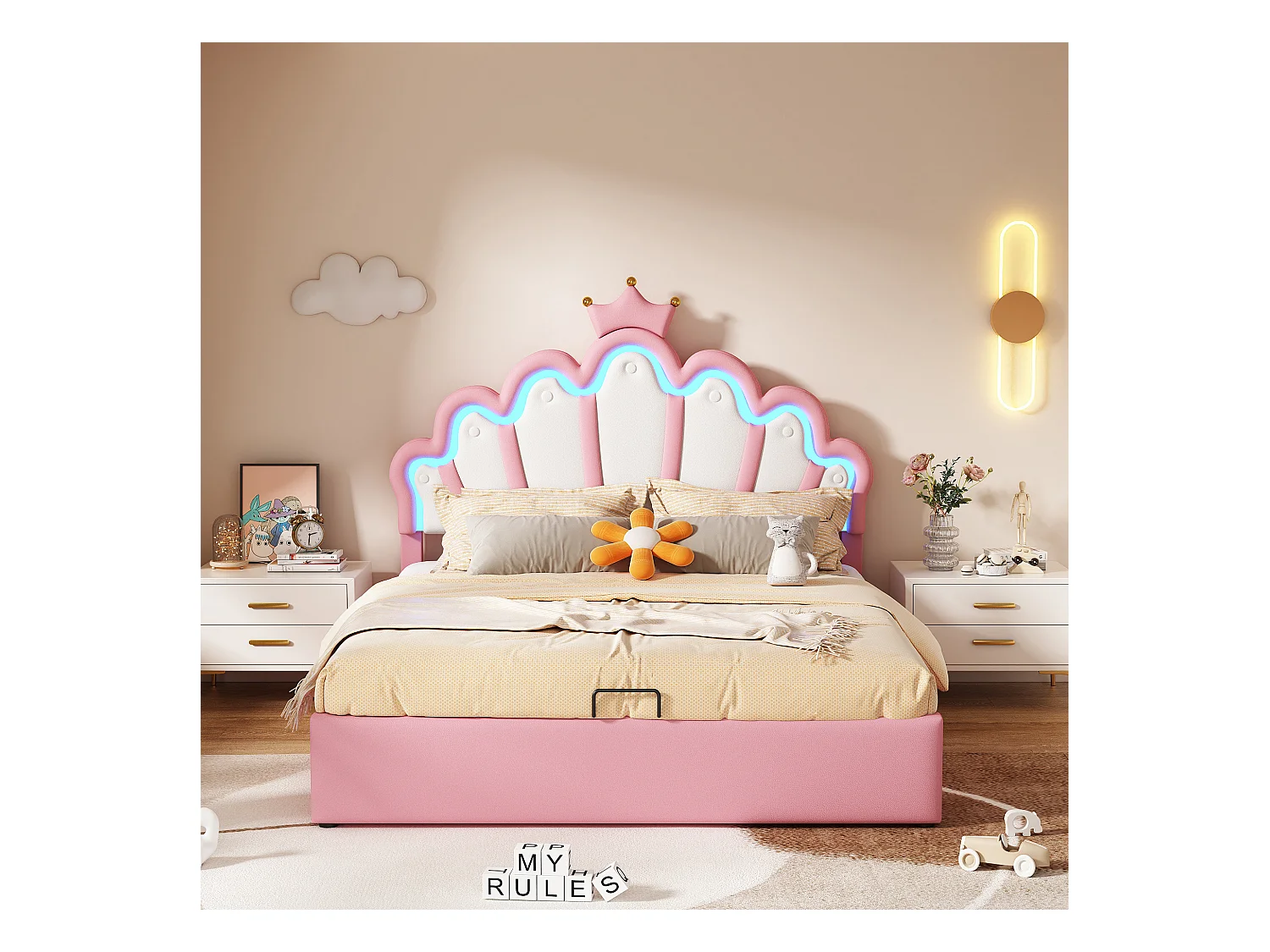 Letto contenitore 140x200 cm - Letto per bambini con striscia luminosa a LED - Testiera a forma di corona - PU rosa