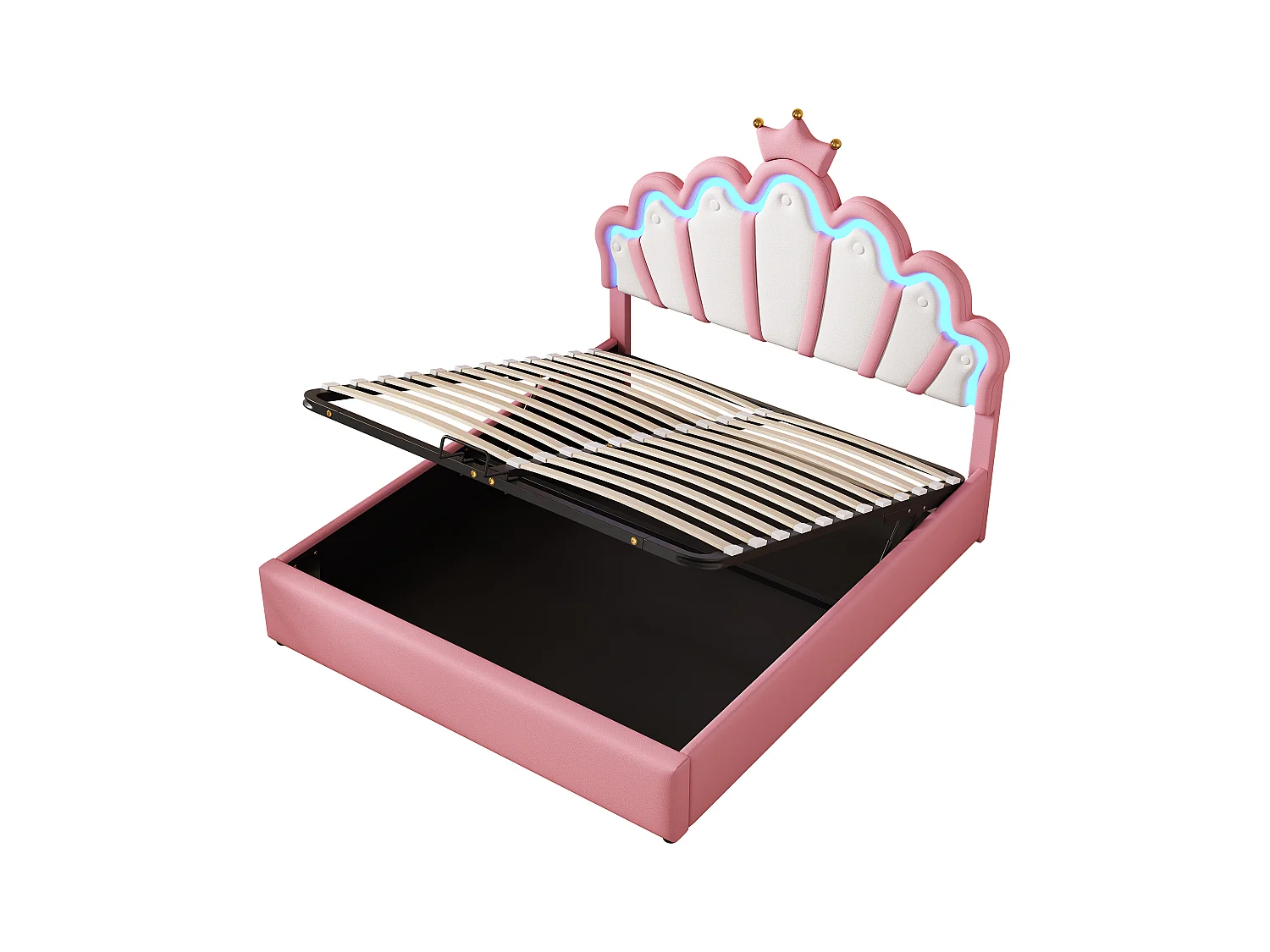 Letto contenitore 140x200 cm - Letto per bambini con striscia luminosa a LED - Testiera a forma di corona - PU rosa