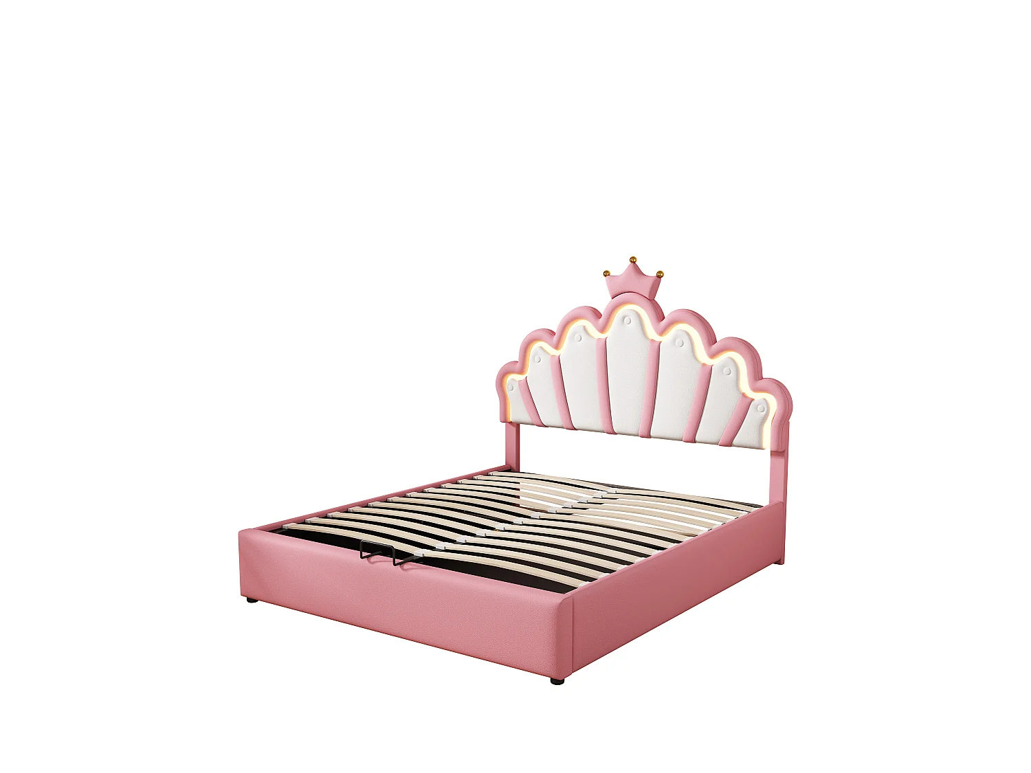 Letto contenitore 140x200 cm - Letto per bambini con striscia luminosa a LED - Testiera a forma di corona - PU rosa