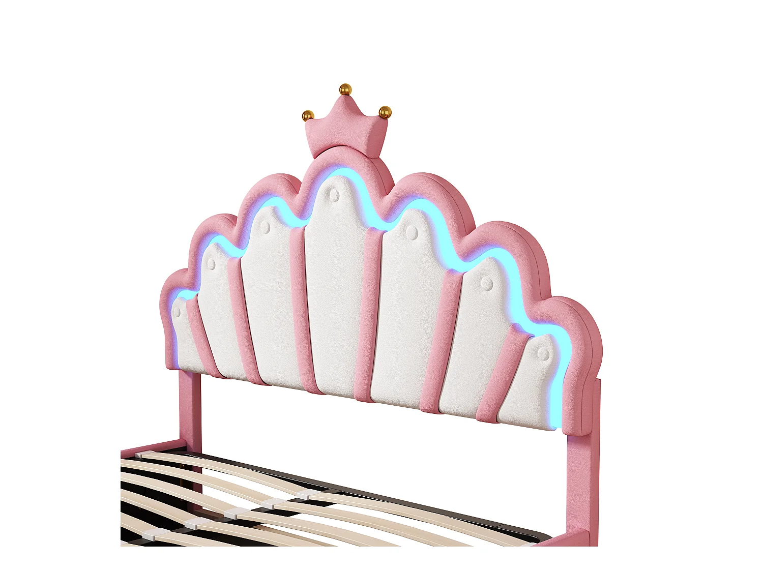 Letto contenitore 140x200 cm - Letto per bambini con striscia luminosa a LED - Testiera a forma di corona - PU rosa
