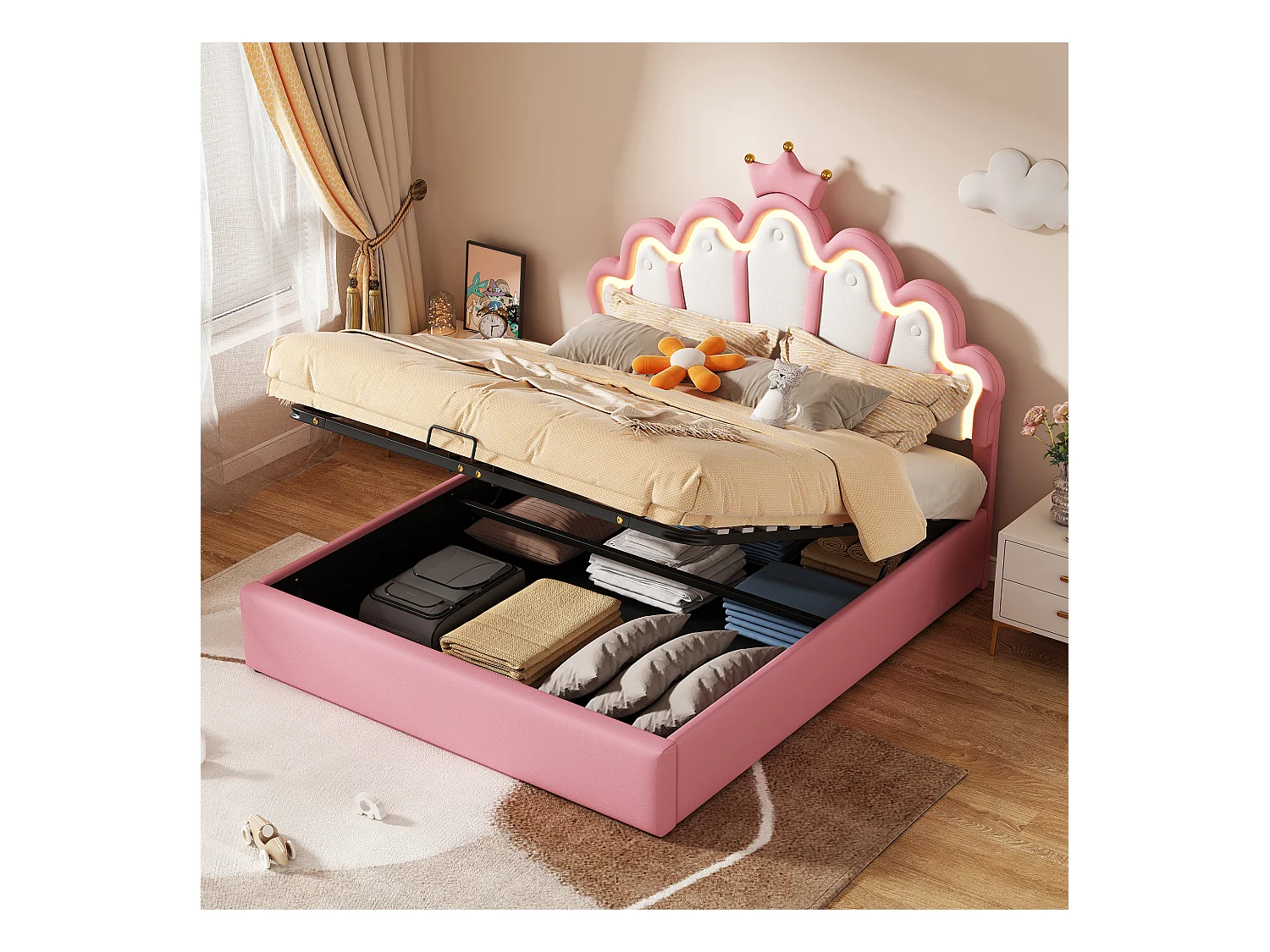 Lit coffre 140x200 cm - Lit enfant avec bande lumineuse LED - tête de lit en forme de couronne - PU rose