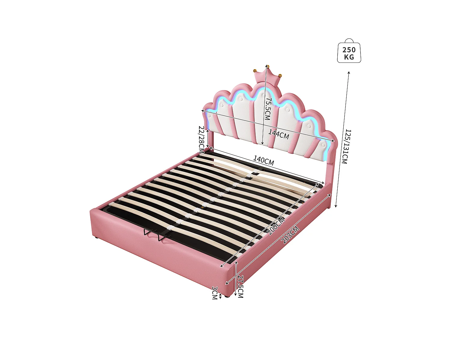Lit coffre 140x200 cm - Lit enfant avec bande lumineuse LED - tête de lit en forme de couronne - PU rose