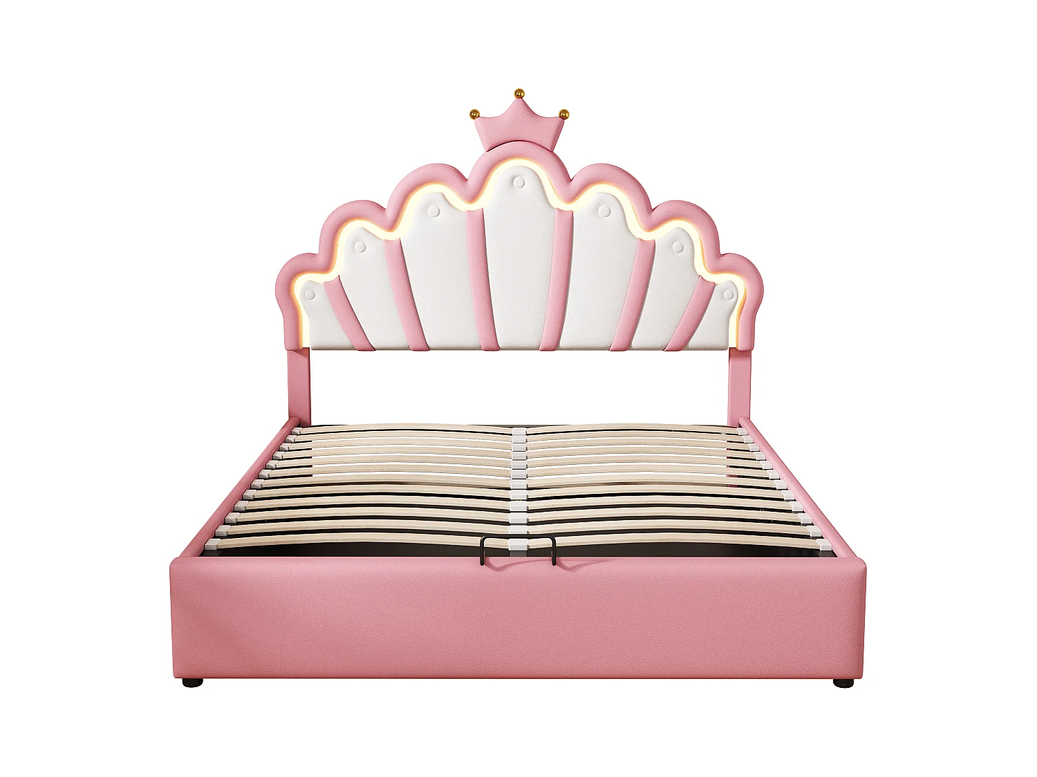 Lit coffre 140x200 cm - Lit enfant avec bande lumineuse LED - tête de lit en forme de couronne - PU rose