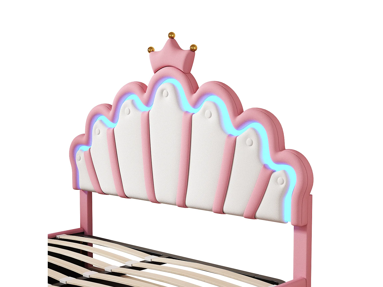 Lit coffre 140x200 cm - Lit enfant avec bande lumineuse LED - tête de lit en forme de couronne - PU rose