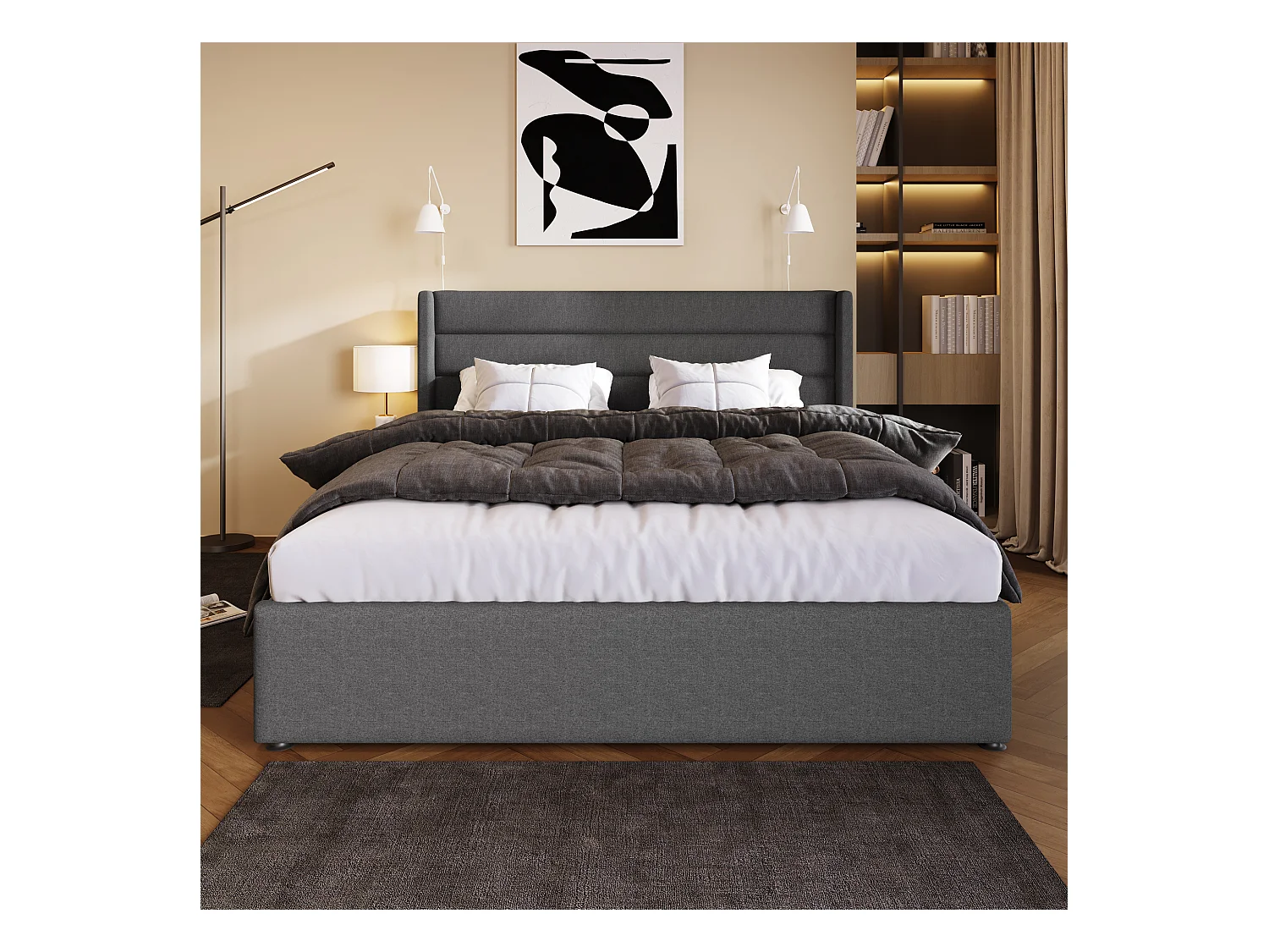 Lit coffre 160x200 cm - Lit double avec tête de lit et sommier à lattes - lin gris - sans matelas