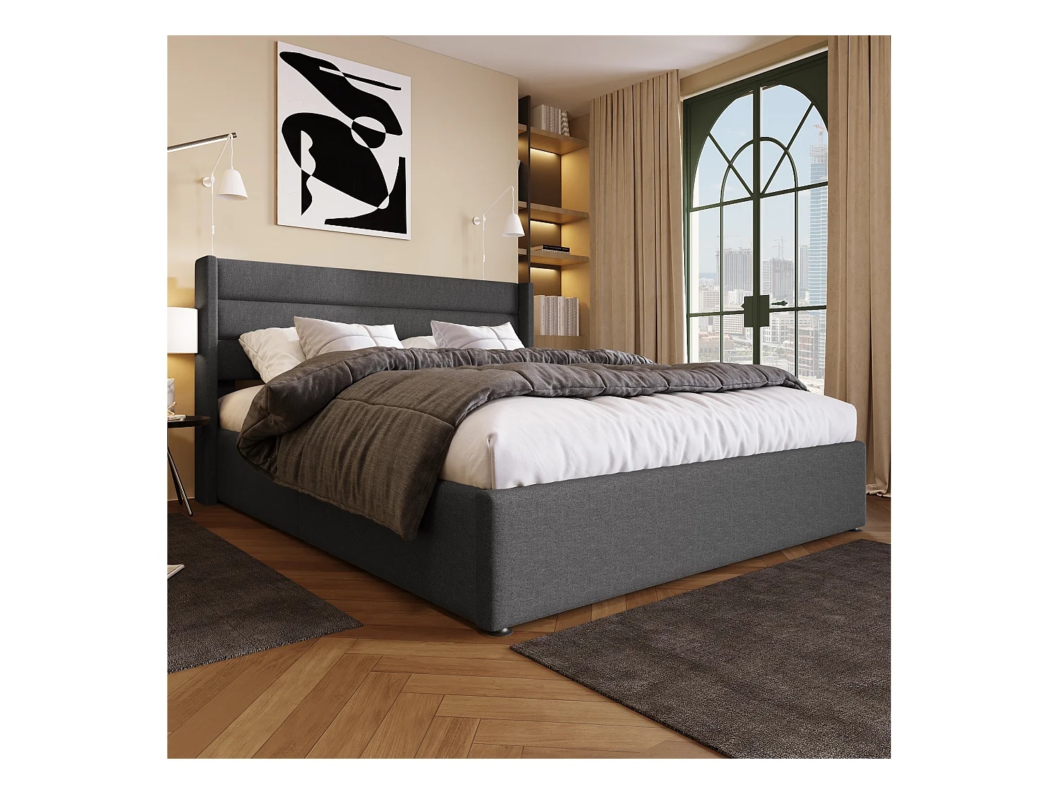 Lit coffre 160x200 cm - Lit double avec tête de lit et sommier à lattes - lin gris - sans matelas