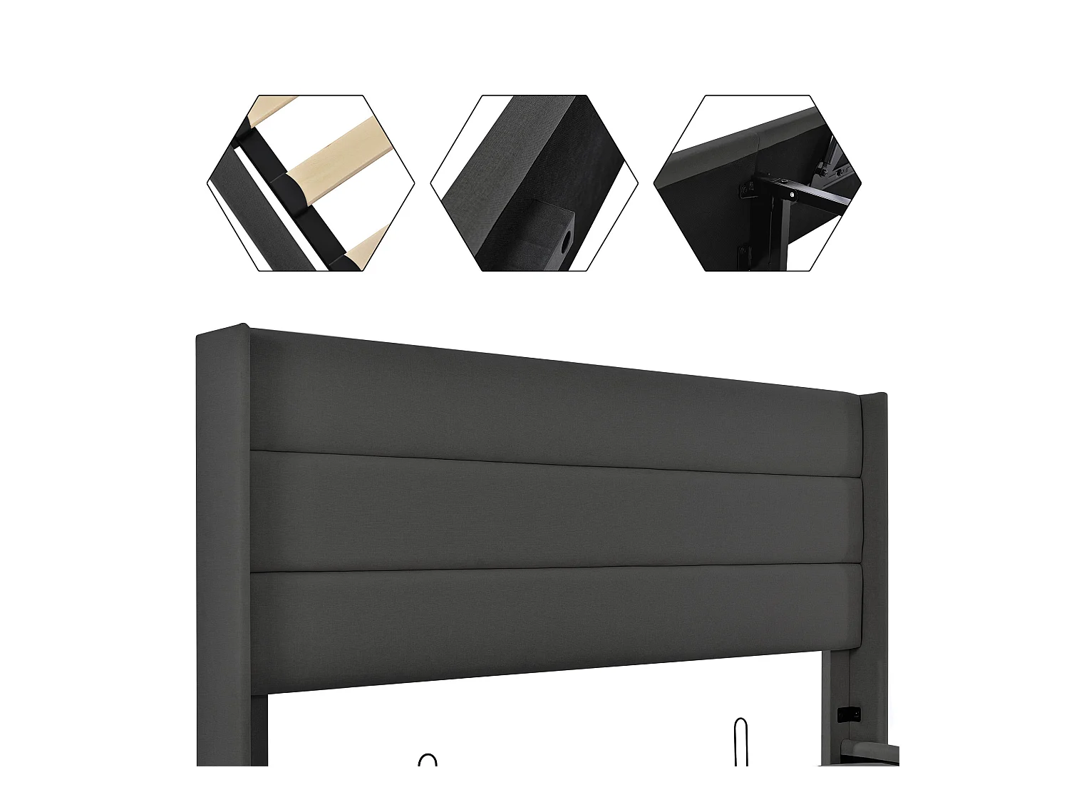 Lit coffre 160x200 cm - Lit double avec tête de lit et sommier à lattes - lin gris - sans matelas