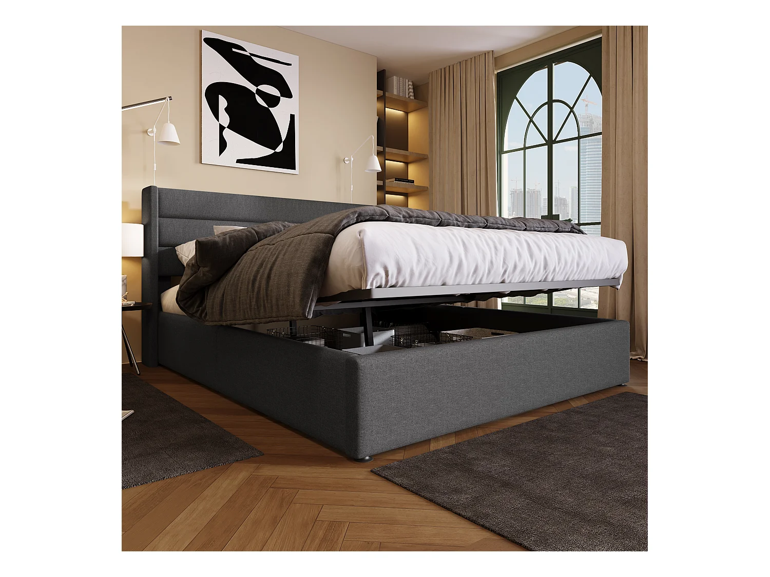 Lit coffre 160x200 cm - Lit double avec tête de lit et sommier à lattes - lin gris - sans matelas