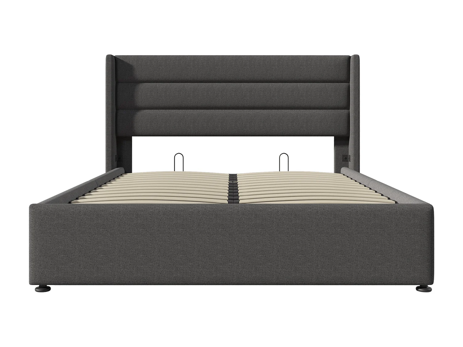 Lit coffre 160x200 cm - Lit double avec tête de lit et sommier à lattes - lin gris - sans matelas