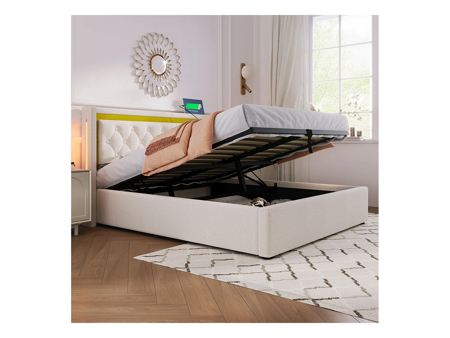 Lit coffre 140x200 cm - Lit adulte avec chargement USB et lumière LED - beige - coton - sans matelas