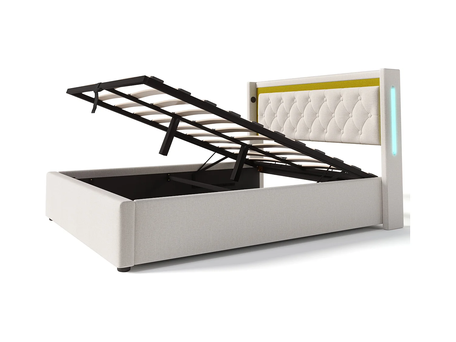 Lit coffre 140x200 cm - Lit adulte avec chargement USB et lumière LED - beige - coton - sans matelas