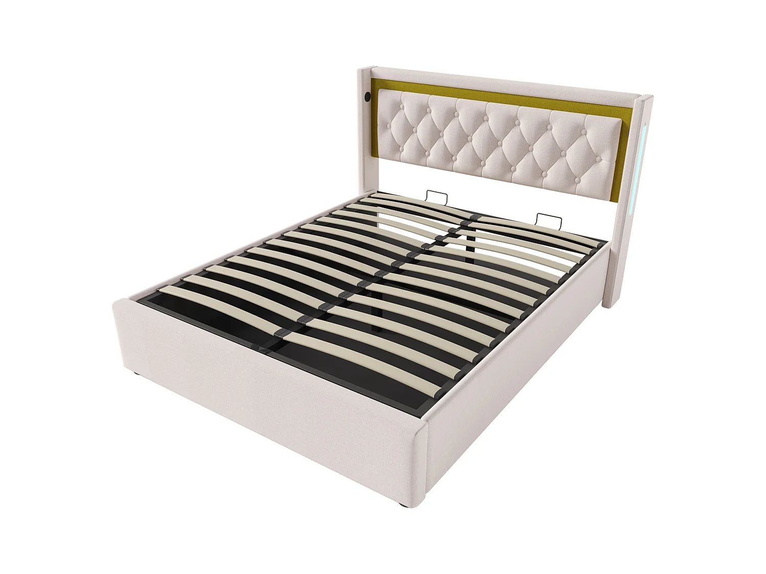 Lit coffre 140x200 cm - Lit adulte avec chargement USB et lumière LED - beige - coton - sans matelas
