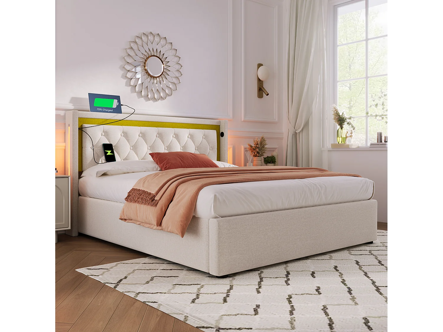 Lit coffre 140x200 cm - Lit adulte avec chargement USB et lumière LED - beige - coton - sans matelas