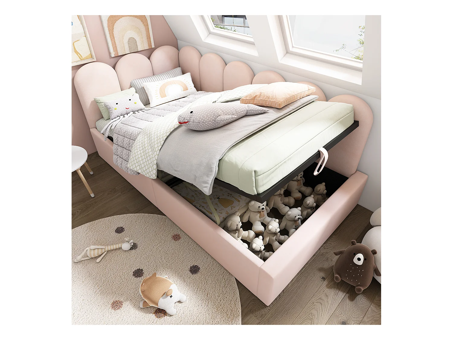 Lit coffre 90x200 cm - Lit enfant avec dossier rembourré - sommier à lattes métalliques - velours rose