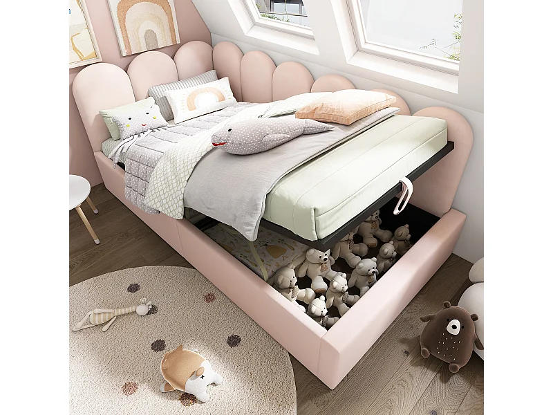 Lit coffre 90x200 cm - Lit enfant avec dossier rembourré - sommier à lattes métalliques - velours rose