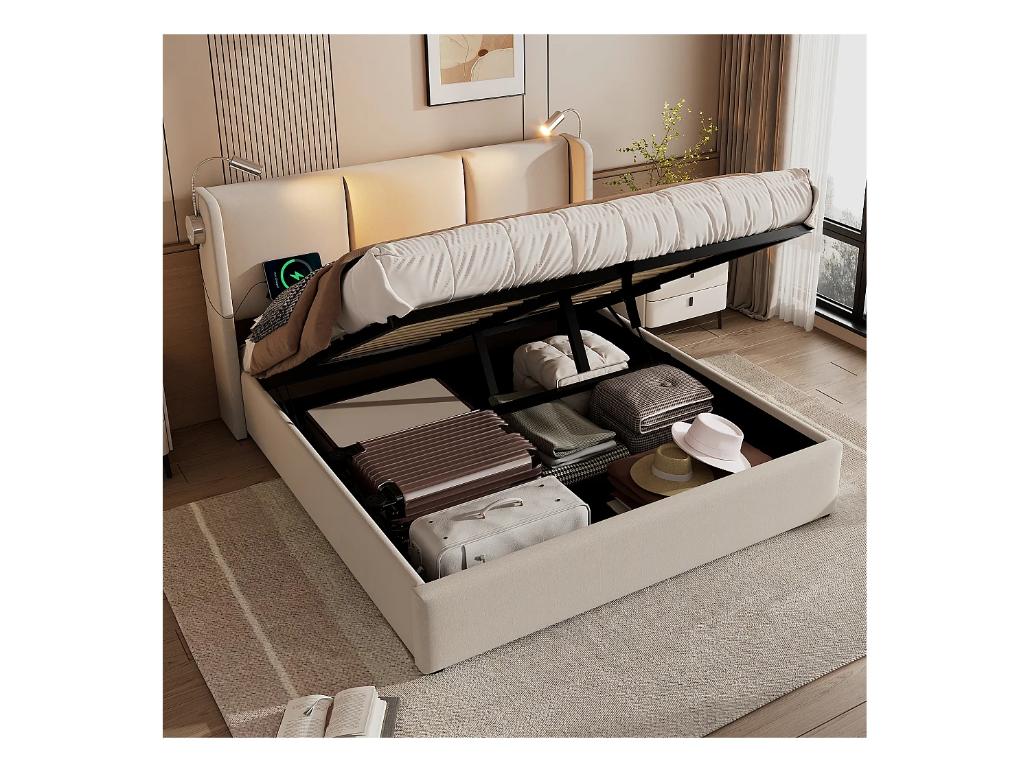140x200 cm Łóżko z pojemnikiem - Łóżko dla dorosłych z lampką do czytania i funkcją ładowania USB - Beżowy len - bez materaca